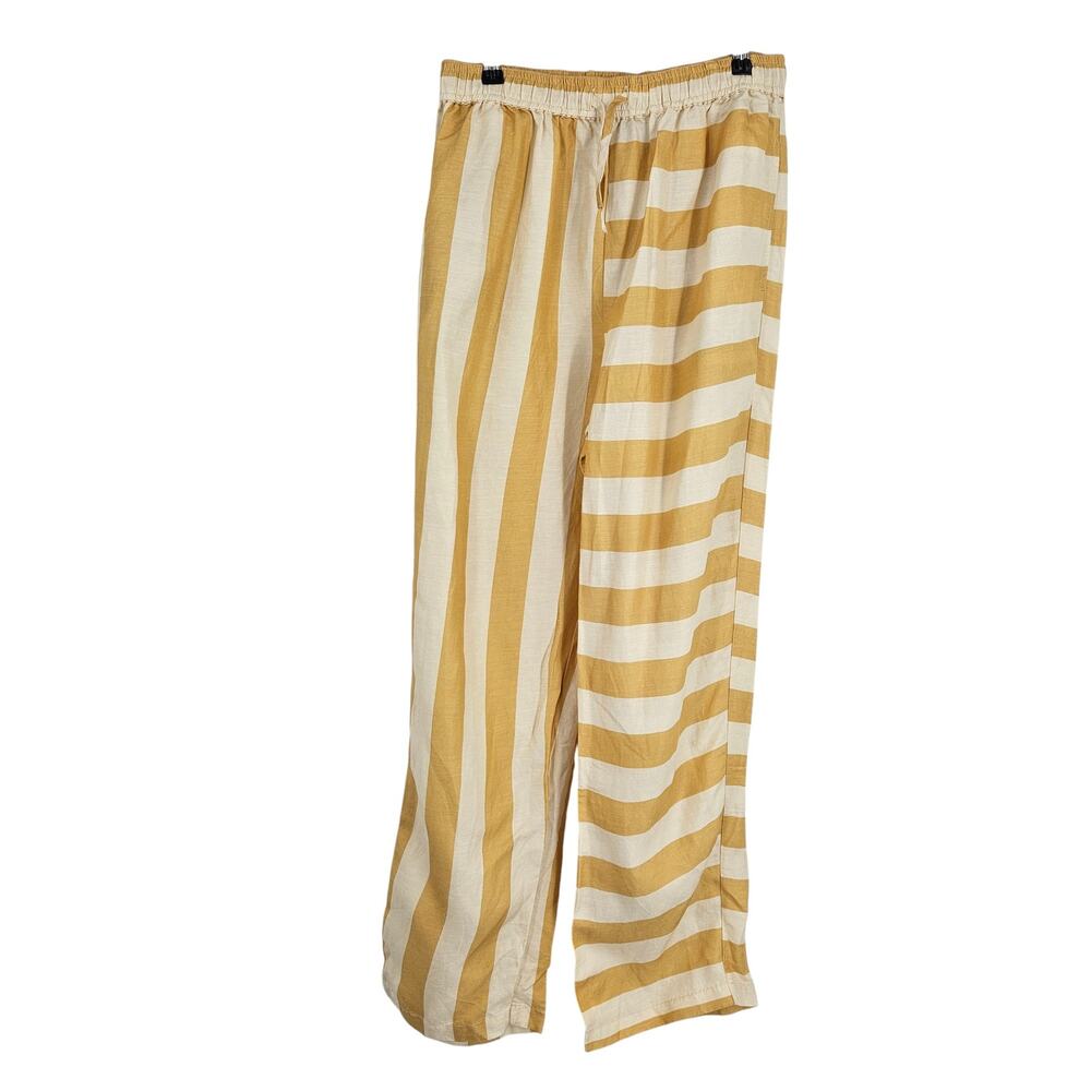 The Bright Side Pants Yellow Linen Striped Drawstring Wide Leg Lightweight Sz M